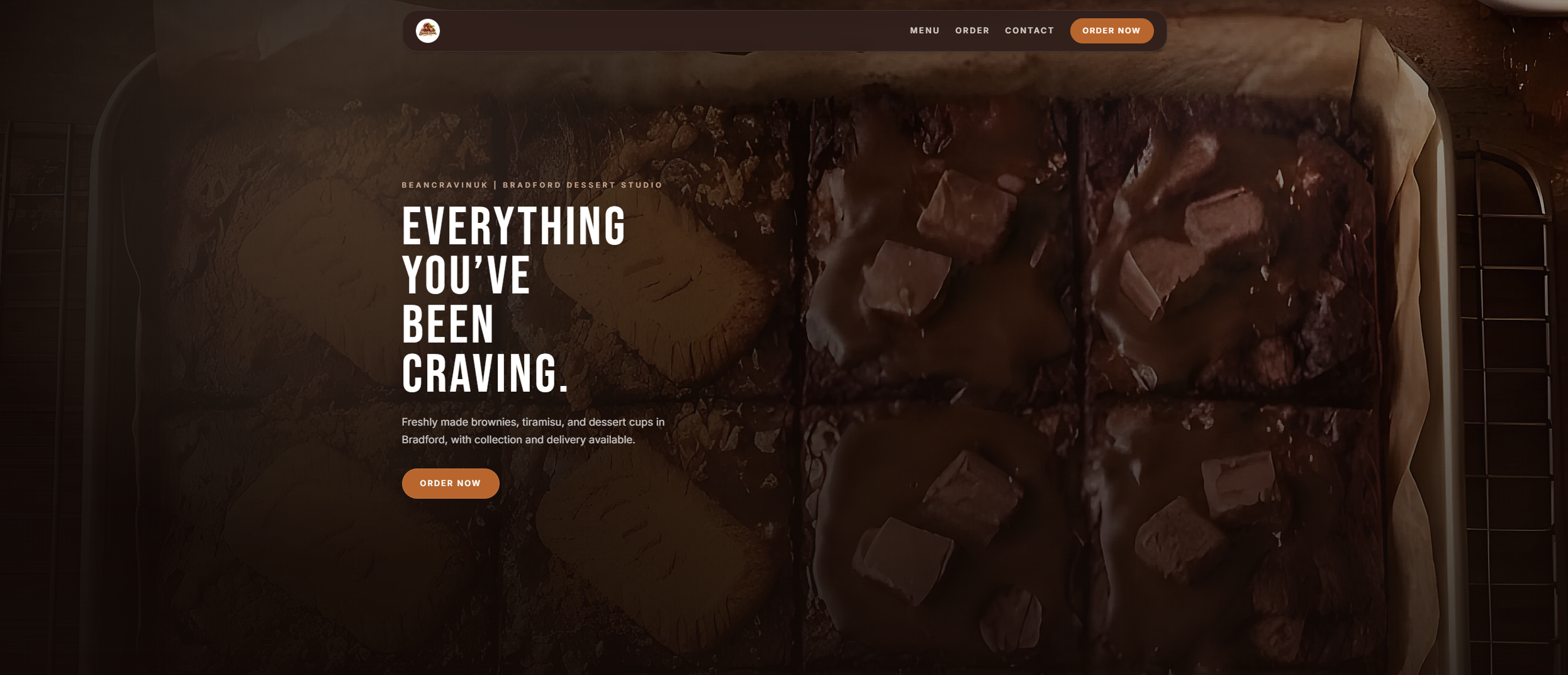 Homepage preview of the BeanCravinUK dessert business website design