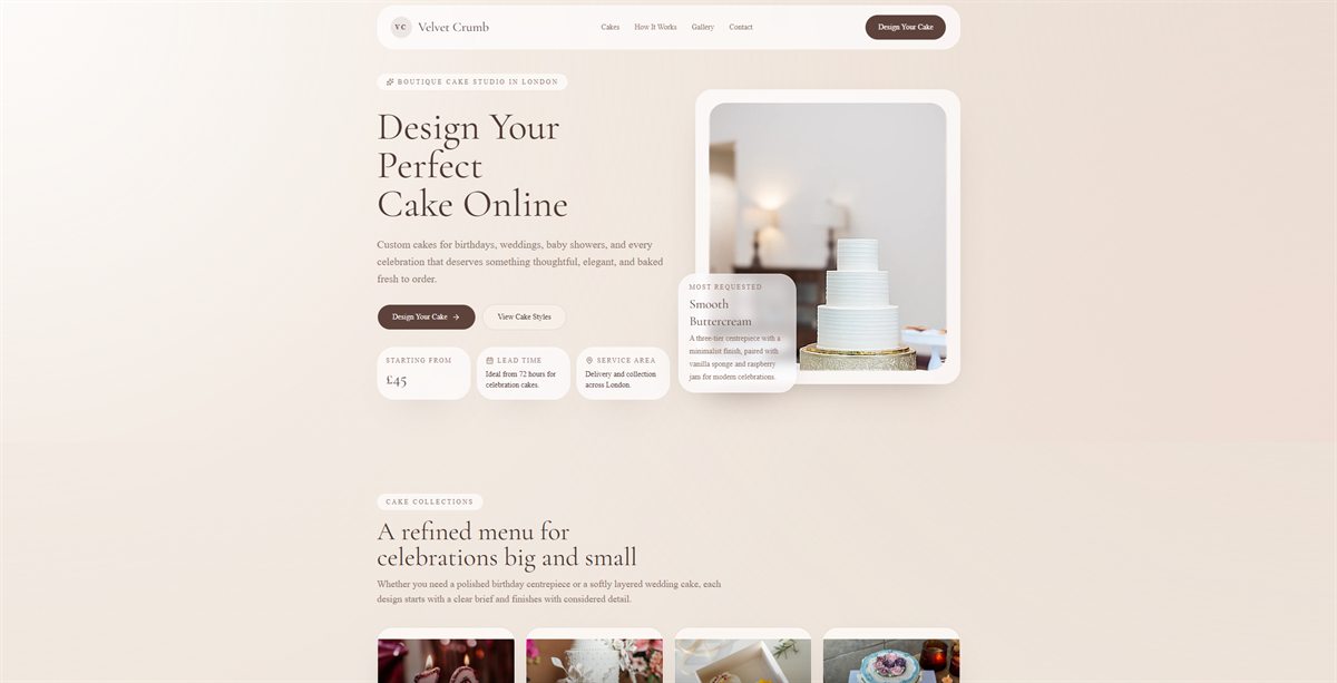Homepage preview of the Velvet Crumb cake-ordering website